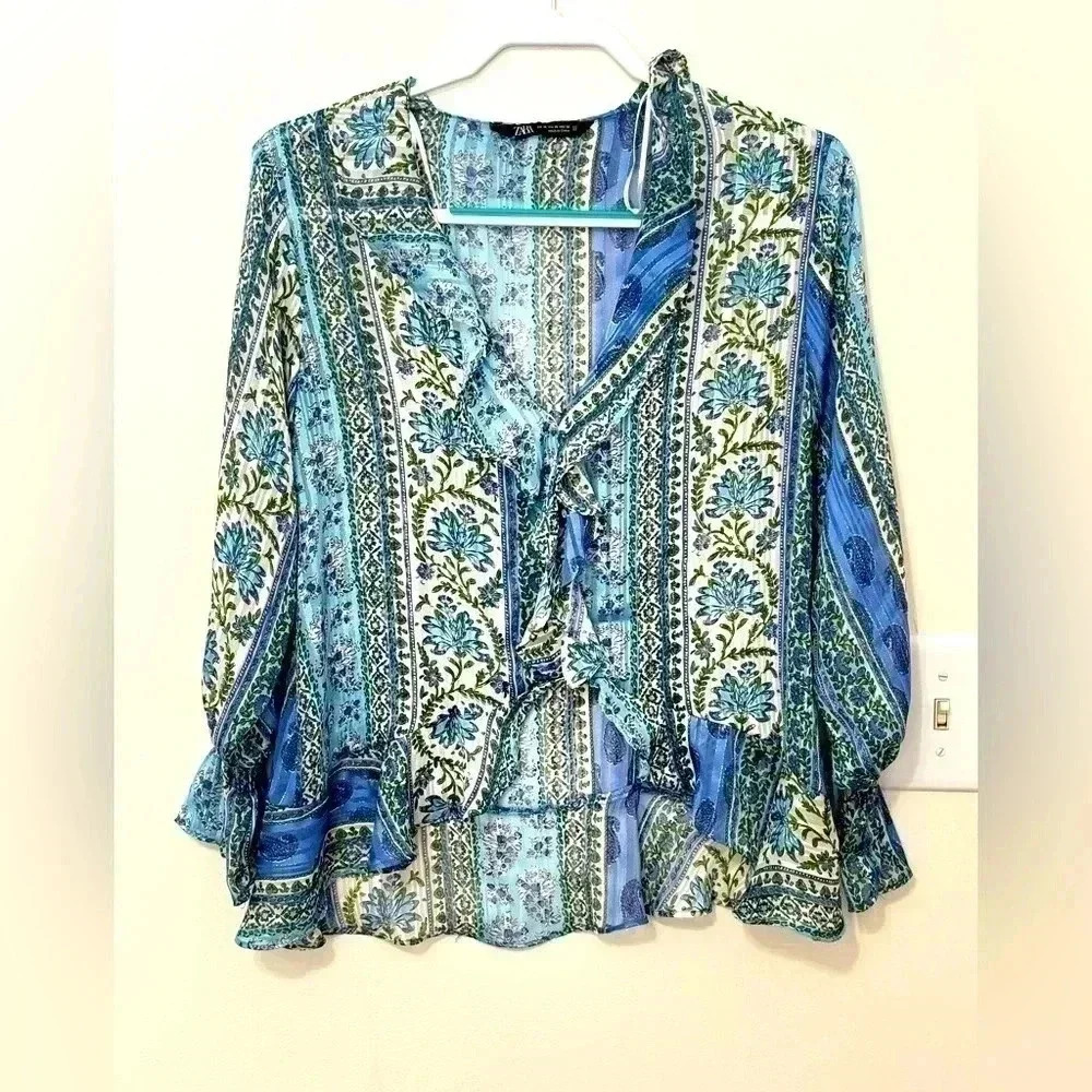 ZARA Patchwork Print Ruffle V Neck‎ Sheer